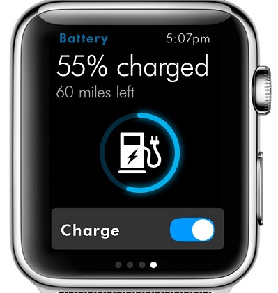 Hệ thống Car Net của Volkswagen trong Apple Watch, bao gồm một Complication hiển thị mức năng lượng đã xạc được trên mặt đồng hồ.