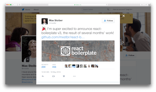 Tweet công bố boilerplate của React