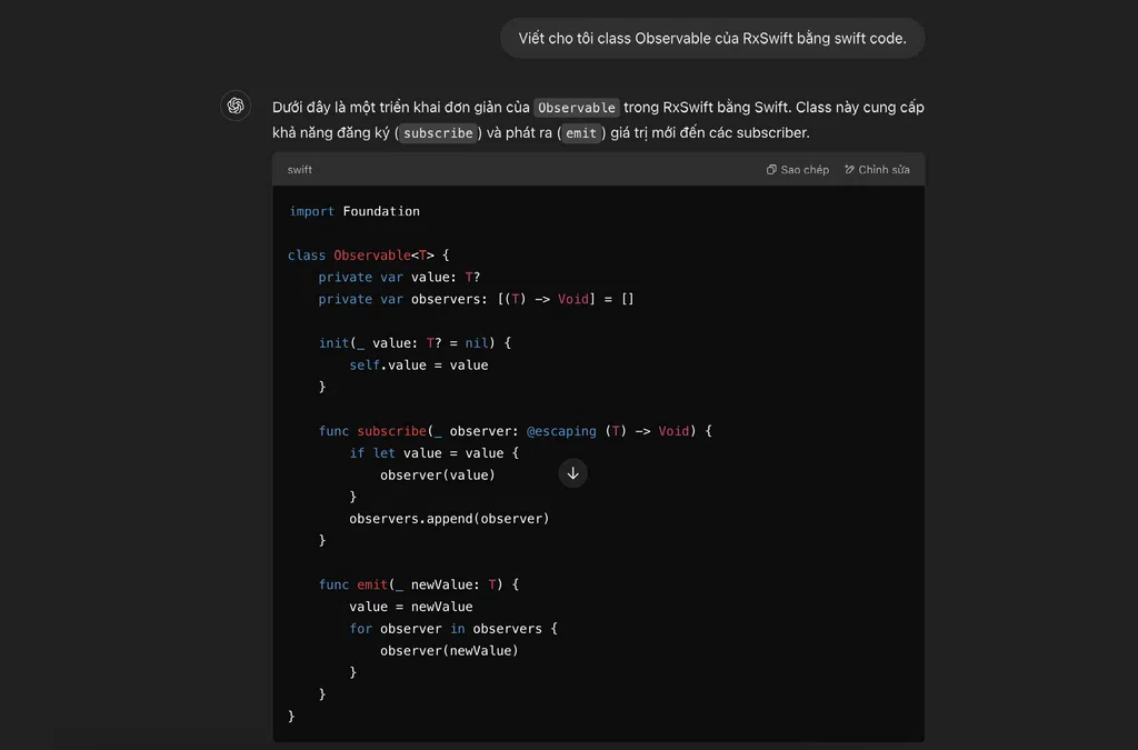 Yêu cầu ChatGPT viết class Observable