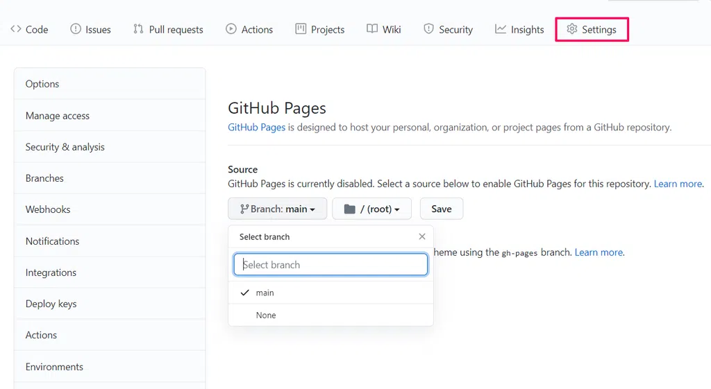 Github Pages settings