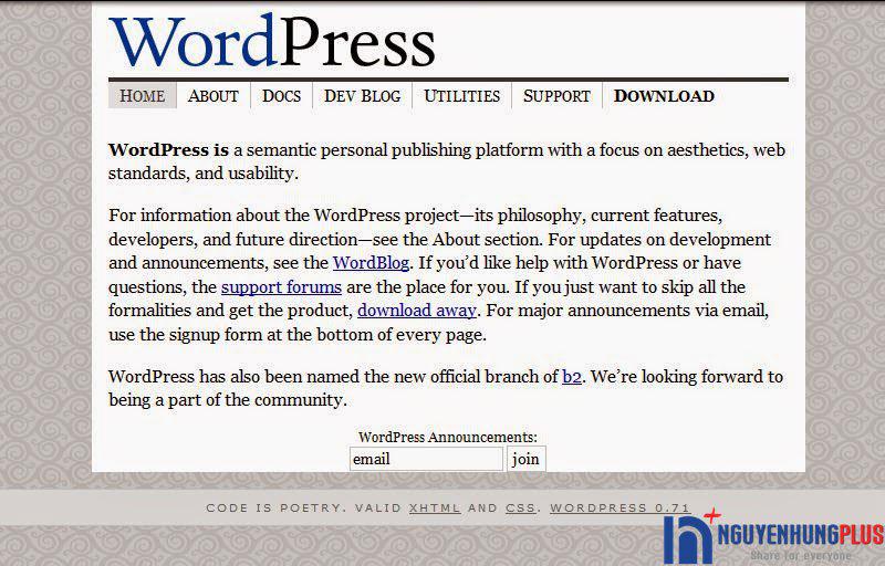 Giao diện thuở sơ khai của Wordpress