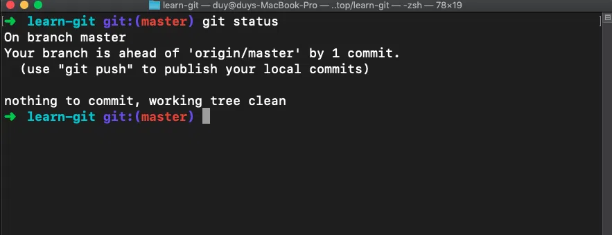 Nhánh master (local) giờ có 2 commit trong khi origin/master(remote) vẫn chỉ có 1