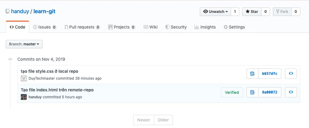 Xem lịch sử commit trên Github repo
