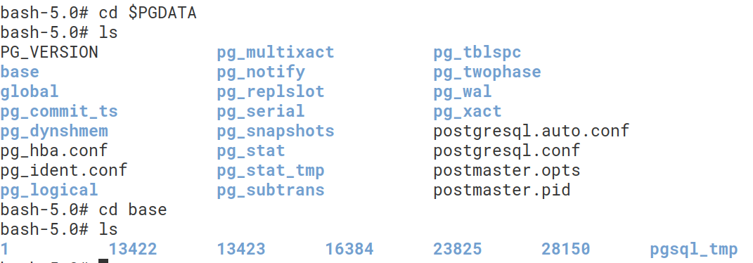 Bên trong thư mục $PGDATA/base là các thư mục con tương ứng với mỗi database