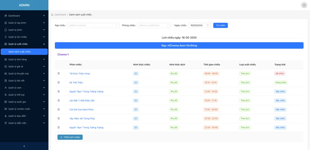 Danh sách suất chiếu