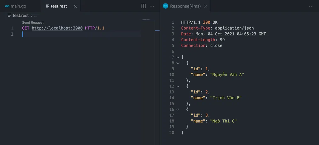 Kết quả khi test