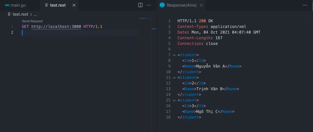 Kết quả khi test