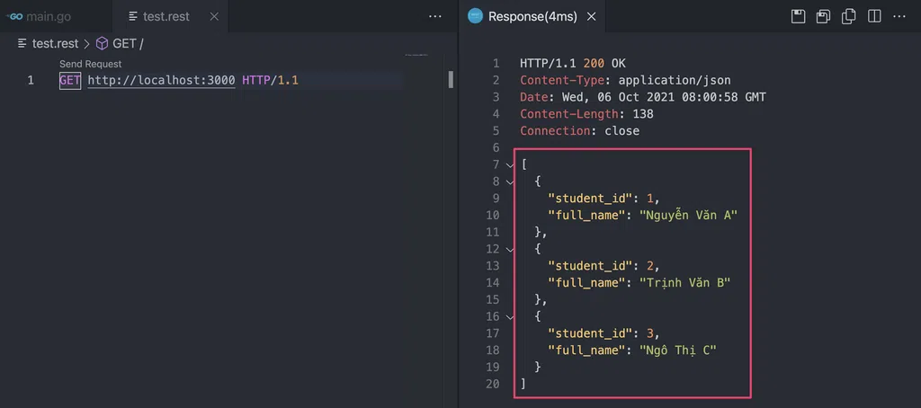 Ví dụ về JSON Response