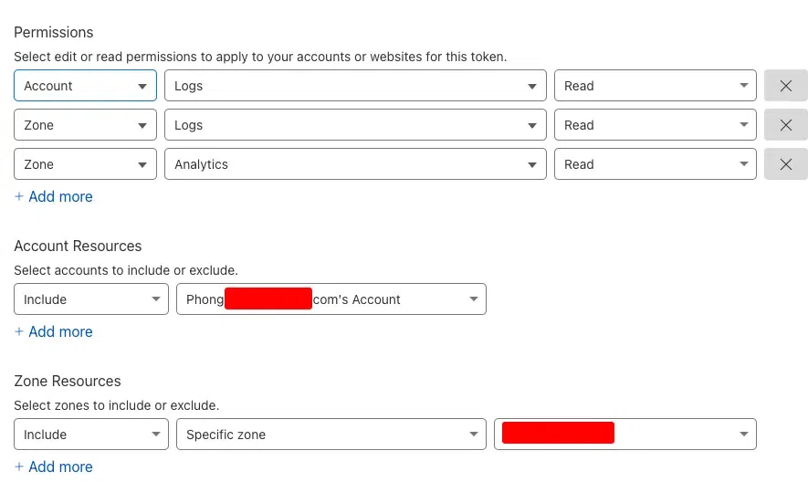 Các quyền cần cấp cho API Token, để Python có thể fetch Firewall Event log từ Cloudflare