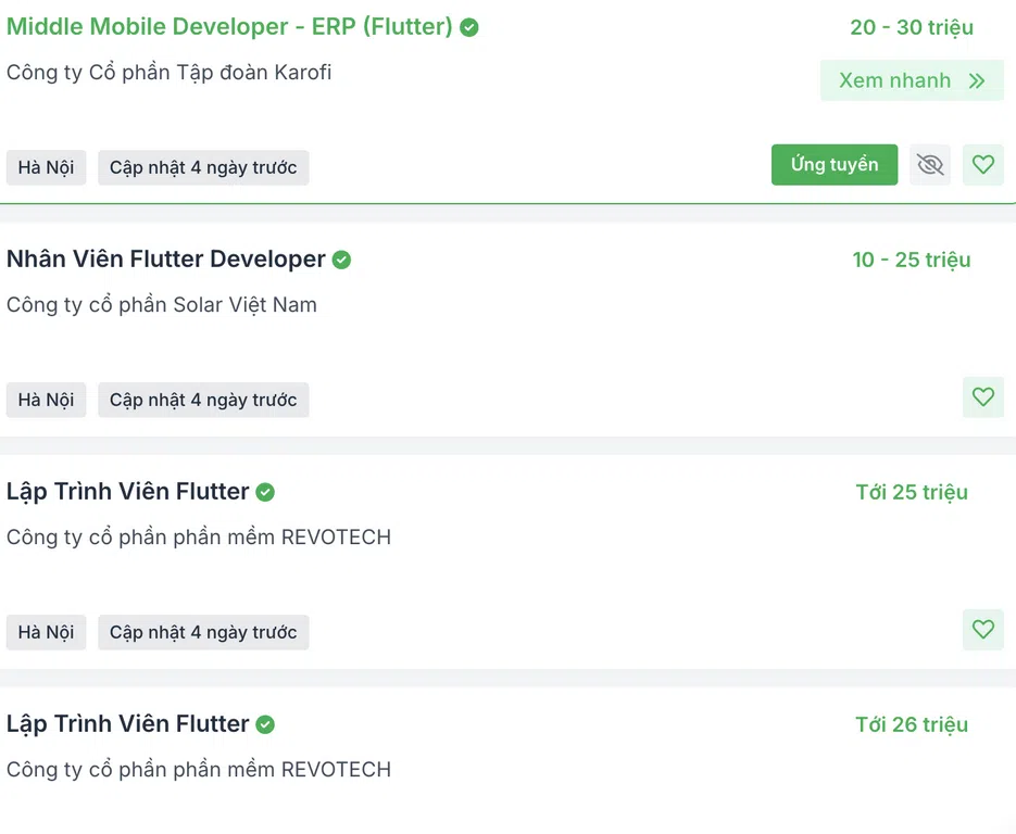 một số vị trí tuyển dụng flutter được tham khảo từ các trang web việc làm